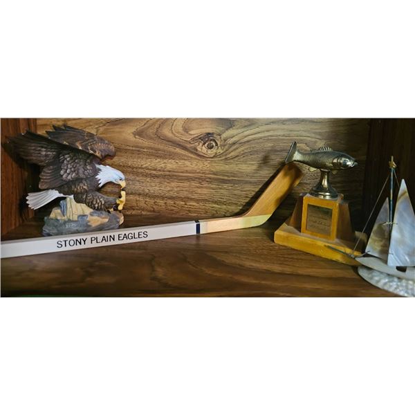 Wooden Display Set: Eagle Figurine, Hockey Stick, Fish Trophy, and Sailboat