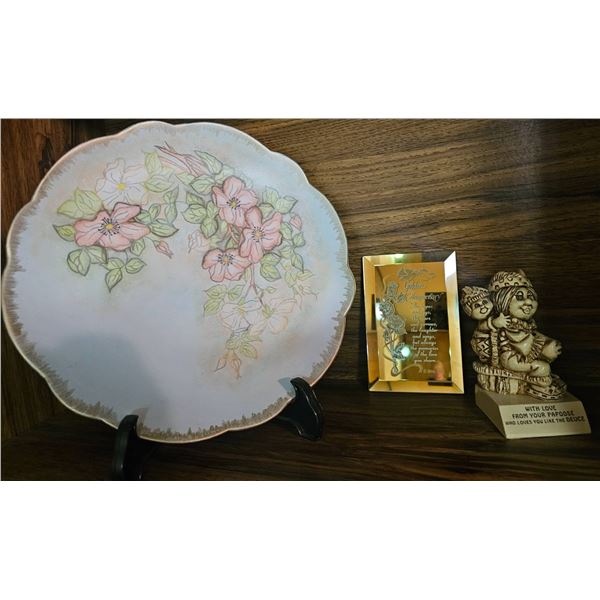 Floral Decorative Plate with Acrylic Award and Figurine