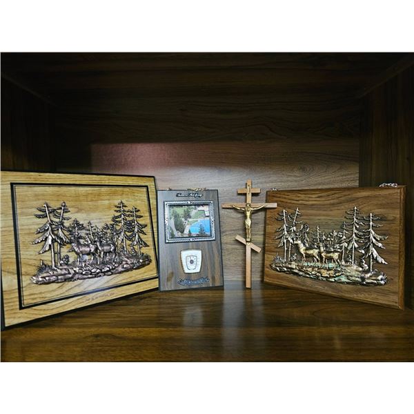 Four Decorative Wooden Plaques with Metal Relief Designs