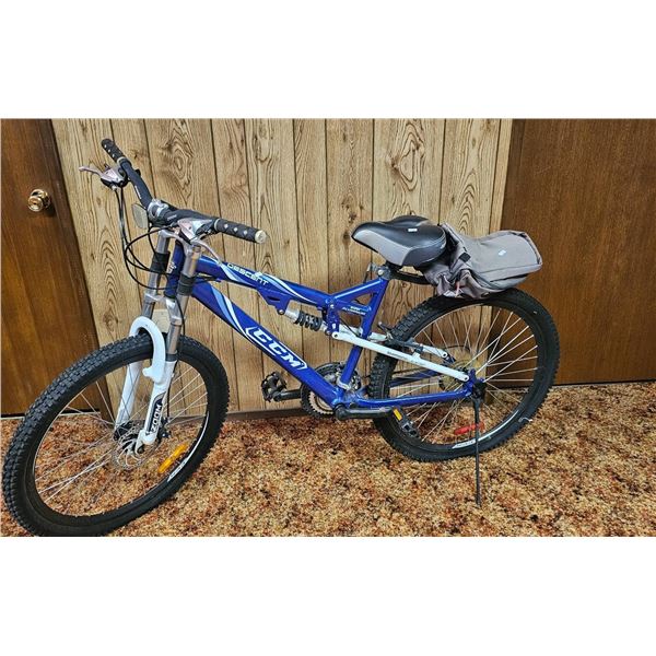 Blue Full-Suspension Bicycle with Seat Storage Attachment