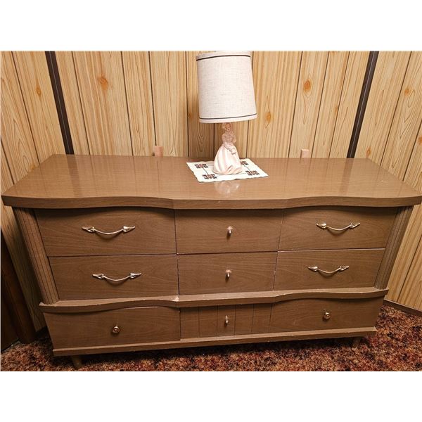 Mid-Century Wooden Dresser With Brass Handles and Six Drawers