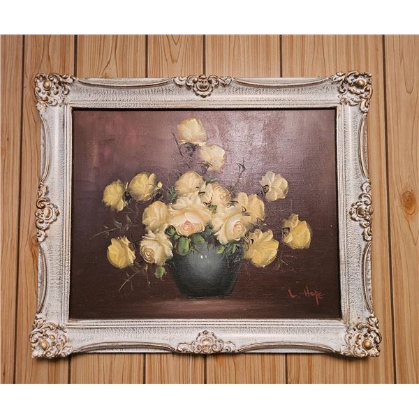 Floral Oil Painting on Canvas with Ornate Wooden Frame