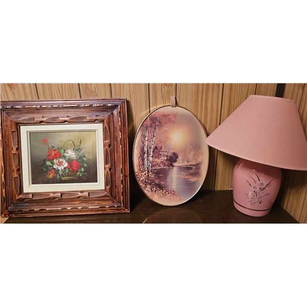 Framed Floral Print, Oval Autumn Scene, and Pink Table Lamp