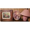 Image 1 : Framed Floral Print, Oval Autumn Scene, and Pink Table Lamp