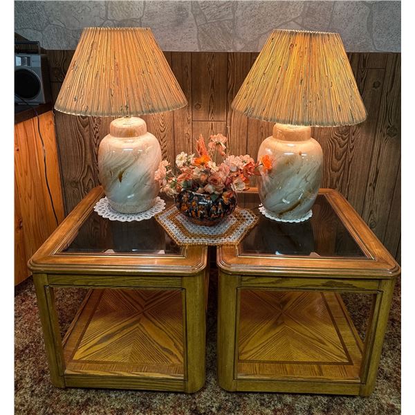 Ceramic Table Lamps and Oak End Tables Set with Accents