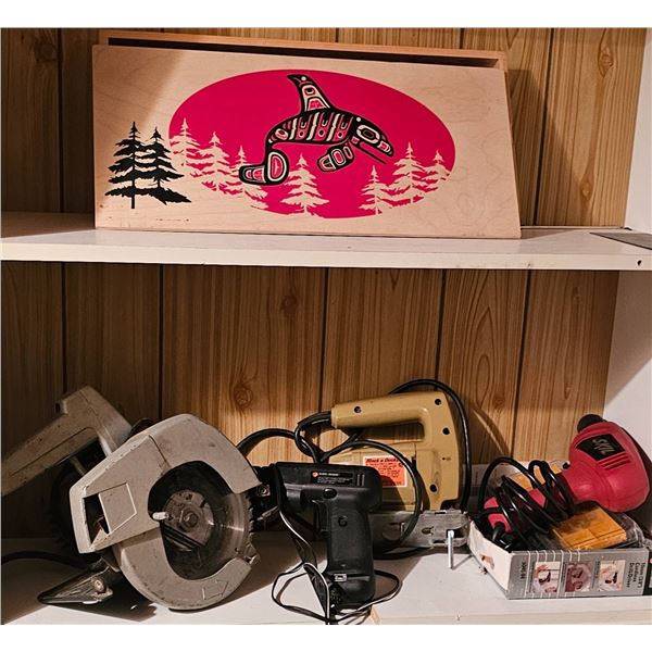 Power Tools and Wooden Artwork With Native-Inspired Design