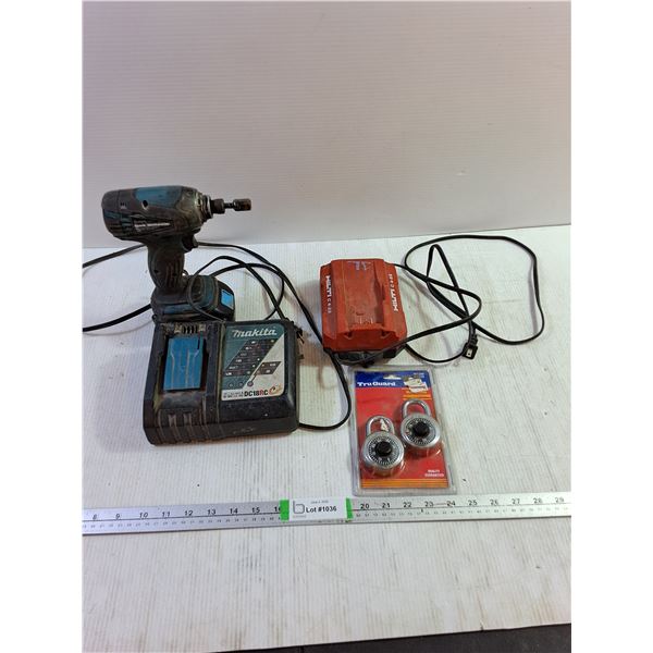 Makita 18V Cordless Impact Driver Powers On, Battery Chargers, Tru Guard Combination Locks