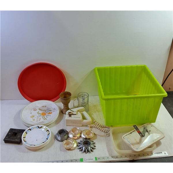 (16) Dish Up To 10", (5) Candle Holders, Beer Pint 6" Storage Tub With Wheels 15"x14"x11", Misc