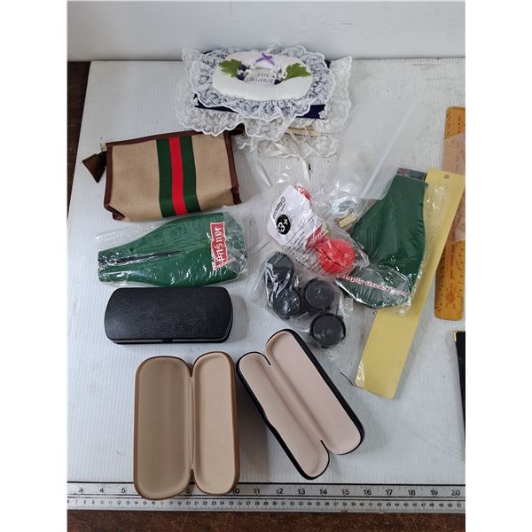 Assorted As-Is Knickknacks, Unused Diary, Pilsner Flag and Bottle Sheath, Ruler, Wheels, Glasses