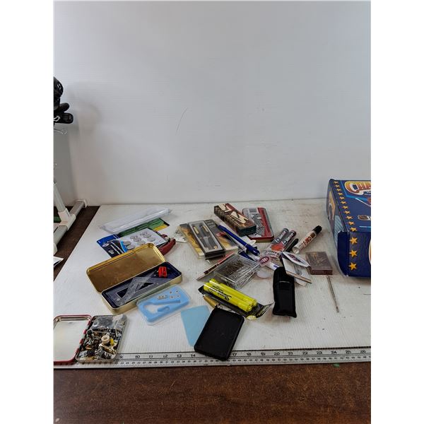 Assorted As-Is Office Supplies, Trigonometry Set, Pens