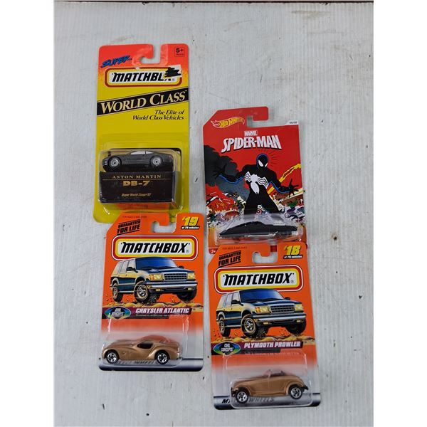 (3) Matchbox Toy Cars and (1) Marvel Hot Wheels Spider Man Car