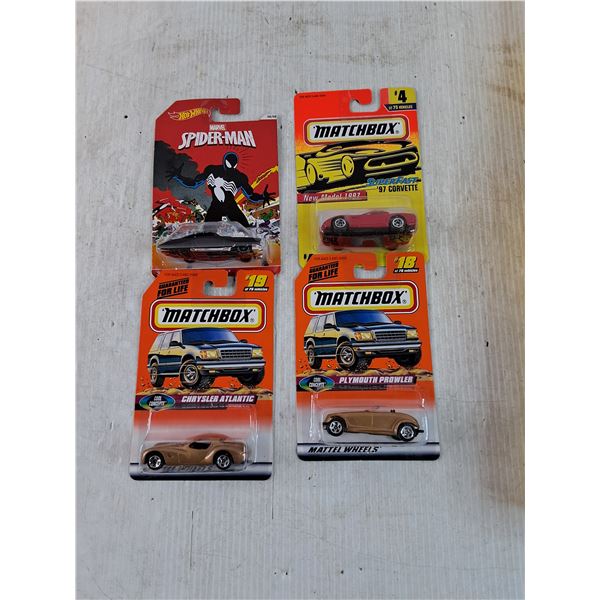 (3) Matchbox Toy Cars and (1) Marvel Hot Wheels Spider Man Car