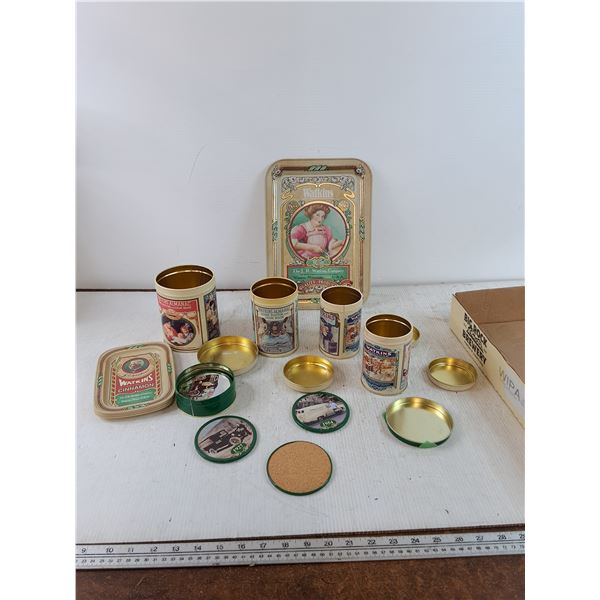 (5)Watkins Metal Cans, (5) Trays, Assorted Watkins Commemorative Coasters 125th Anniversary