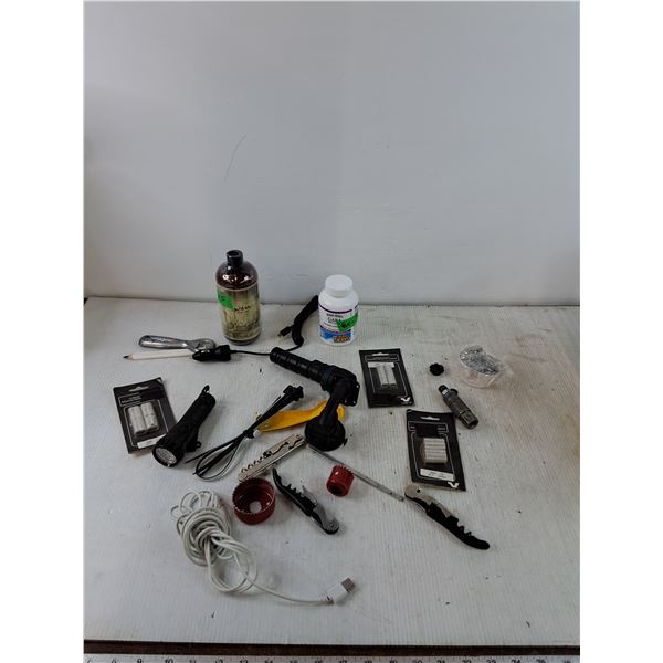 Assorted Items, Untested Flashlights, Cables, Knickknacks, Metal Sleeves Bottle Opener