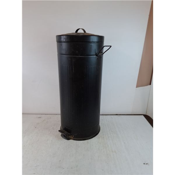 (1) Black Metal Trash Can with Attached Lid and Misc PVC Pipe Pieces Untested, Cannot Ship
