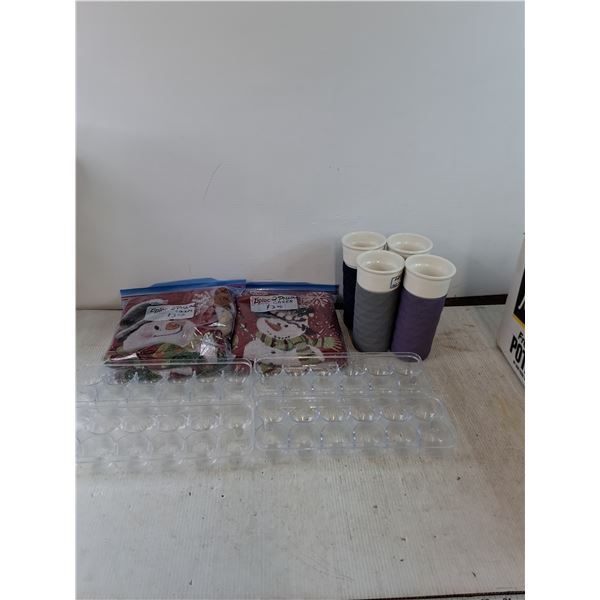 (4) Pillow Cases, (4) Ice Cube Trays, (4) Ceramic Cups