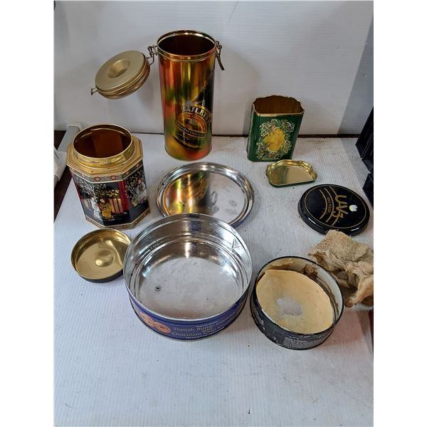 (4) Cookie Tins, (1) Wax Polish Tin, (1) Travel Suitcase for Makeup