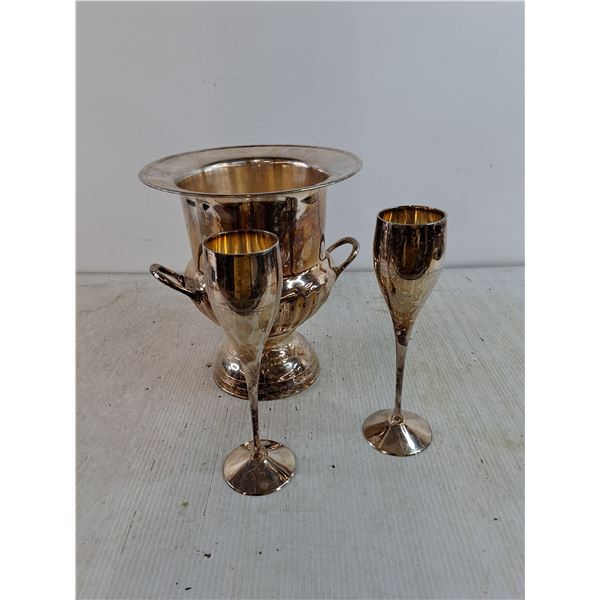 (2) Metal Wine Toasting Glasses with (1) Metal Chalice Champagne Holder