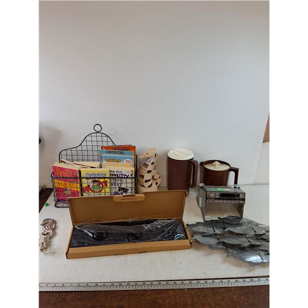 (2) Pitchers, Keyboard, Assorted Kids Books, Fish Sculptures