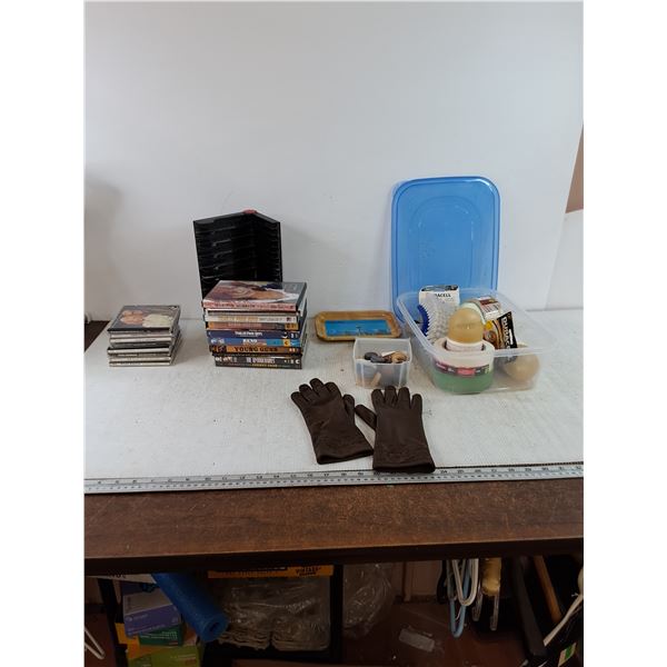 Box of Assorted DVDs, CDs, (2) Calgary Plates, Bin of Misc and Gloves