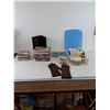 Image 1 : Box of Assorted DVDs, CDs, (2) Calgary Plates, Bin of Misc and Gloves