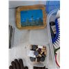 Image 4 : Box of Assorted DVDs, CDs, (2) Calgary Plates, Bin of Misc and Gloves