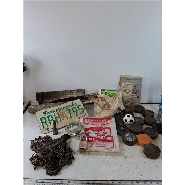 Assorted Metal Pieces, License Plate, Real/Foam Hockey Pucks, Lock No Key All As-Is