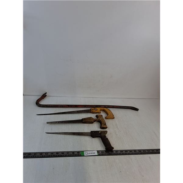 (3) Wood Handled Key Hole Saws, (1) Metal Crowbar ( as is, cannot ship)