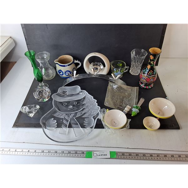 Glass Snowman Tray, Vases, Pitcher, Misc.