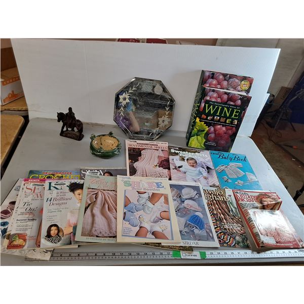 Encyclopedic Atlas of Wine, Sewing/Knitting Magazines, Chinese Warrior Figurine