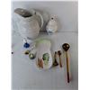 Image 2 : Ceramic Pitcher 11", Russian Wooden Spoons, Animal Figurines, Misc. Can't Ship