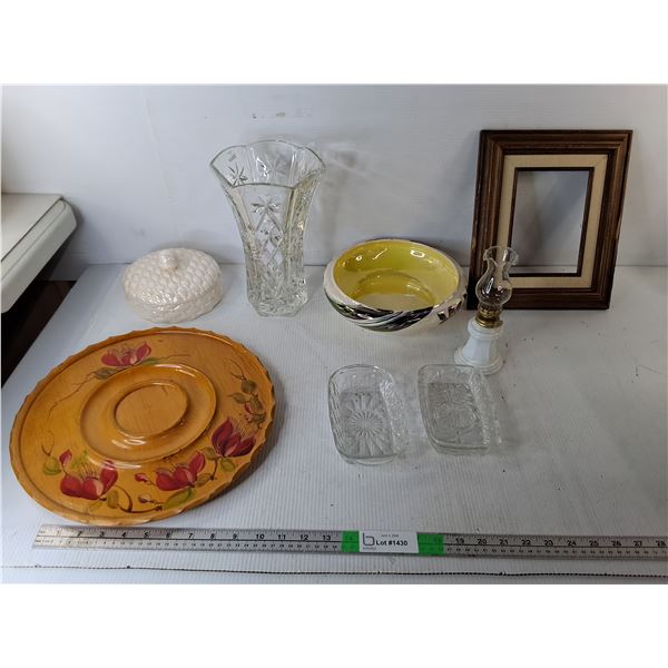 Glass Butter Dishes & Vase 10", Miniature Oil Lamp, Misc. Pickup Pref'd