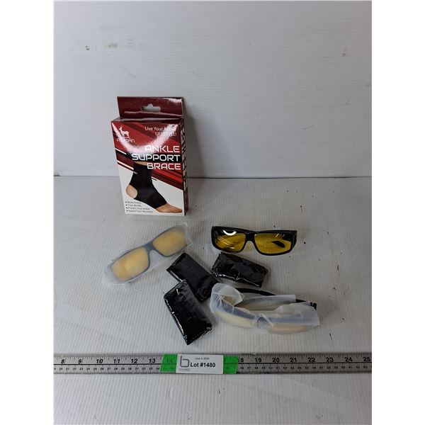 (3) Pairs of Tinted Sunglasses with Bags & Ankle Support Brace