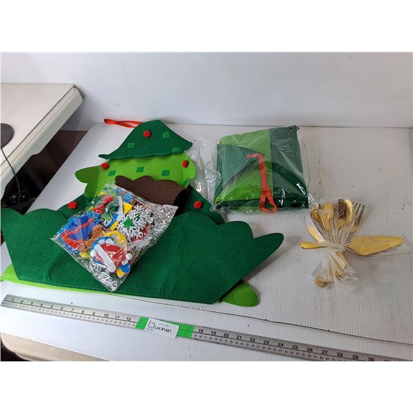 Gold Colored Cutlery & (2) Felt Christmas Trees 39.5"