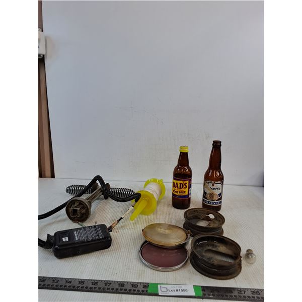 Vintage  Glass Root Beer Bottles, Taillight Parts, Roll Of Twine, Misc