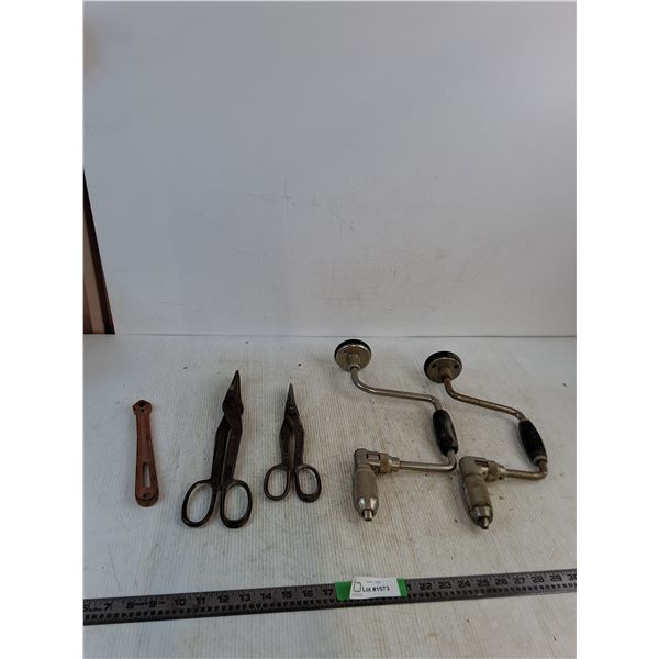 Tin Snips,  Stanley Ratcheting Bit Braces, Milwaukee Valve Co Wrench ( as is)