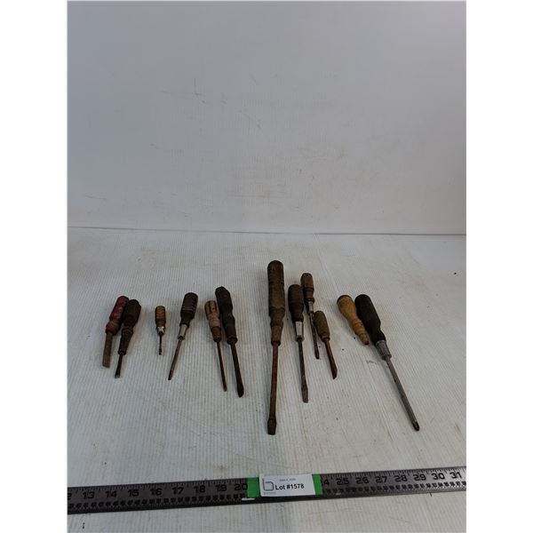 (11) Wood Handled Flat Head Screwdrivers (Up To 15" Long)