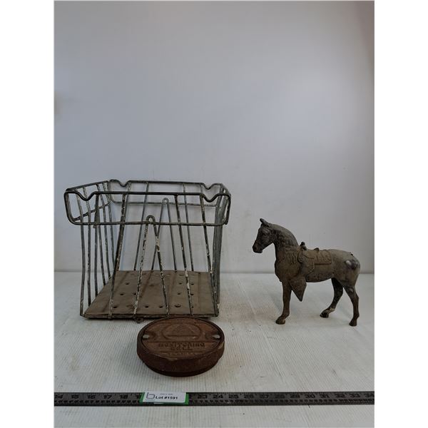 Bronze Horse Figurine, Vintage Metal Wire Egg Crate, Cast-iron Monitoring Well Cover