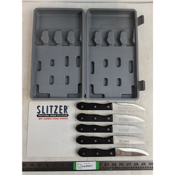 (5) Slitzer Jumbo Steak Knives 10'' with Case 13''x7''x2''