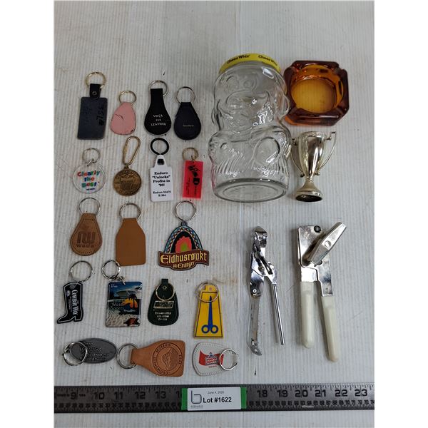 (18) Assorted Key Tags up to 3''x1.5'', Swing-A-Way Can Opener 7''x1.5'', and Misc