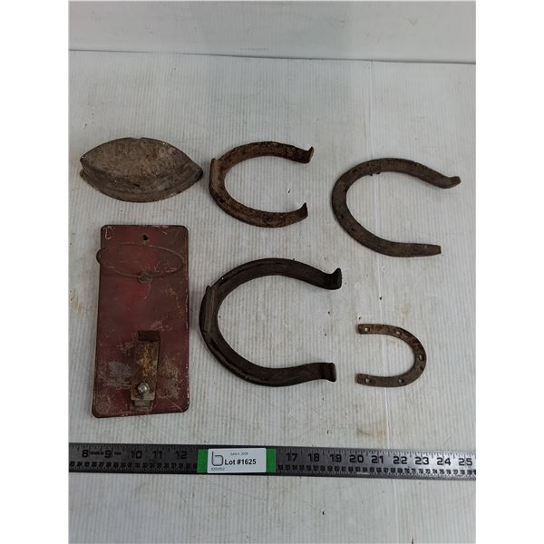 (4) Horseshoes up to 6.5''x7'', Asbestos Sad Iron 6.5'x3.5', Lyon Fire Grenade Holder 9.5'x4.5'