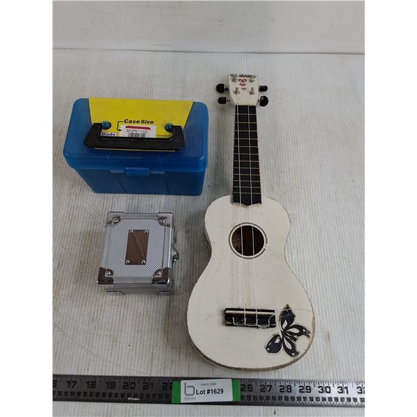 Mini Toy Guitar 21''x7''x2'', Case-Gard Ammo Case 4.5'x7.5'x4', Silver Plastic Box 4''x3''x3.9''