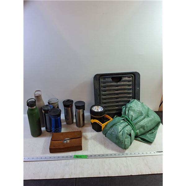 (5) Contigo Thermos Mugs 8",(2) Water Bottles 11.5", Stove Drip Tray 16"x14.5", Tarp, Heavy Duty Fla