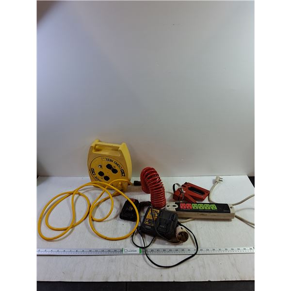 (2) Power Bars, Dewalt Battery Charger, Staple Gun, Air Hose, Misc