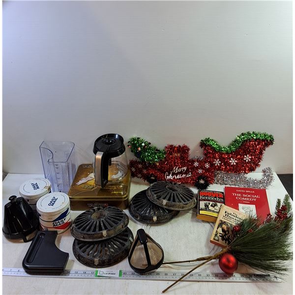 Ninja Coffe Pot, (2) Daily Mail Mild Cigarette Tobacco Tins, Christmas Decor, (4) Hub Caps 8.5", Mis