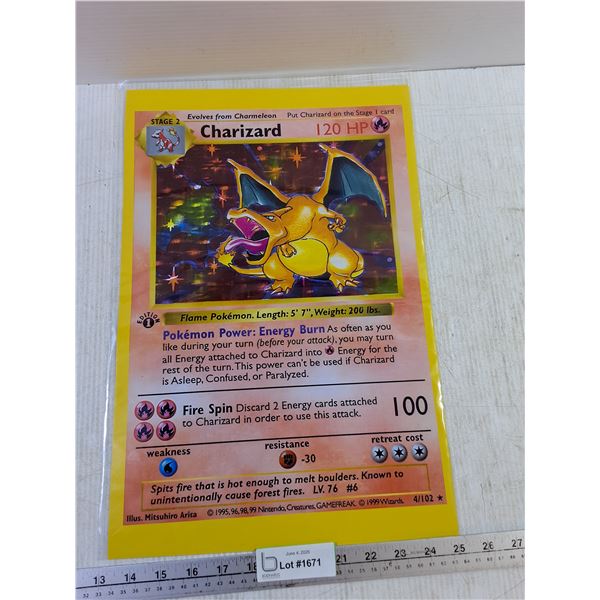 1st Edition Charizard Jumbo Pokemon Card Approx 17.5"x12"- Cannot Authenticate