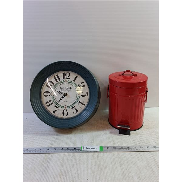 Wall Clock Approx 12.5" Diameter,  Small Garbage Bin 6.5" Diameter 'x 11/4" Height