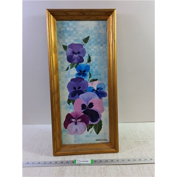 Framed Painting Of Pansies 1972 26"x12.5"