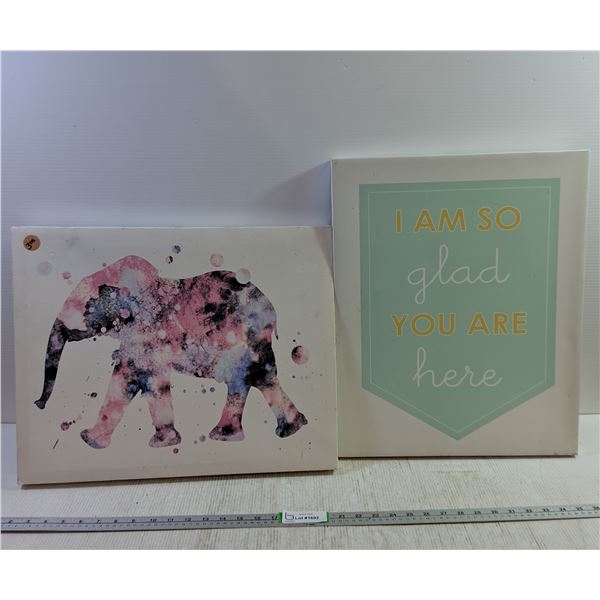 (3) Art Piece Canvases- Elephant,  "I An So Glad You Are Here"