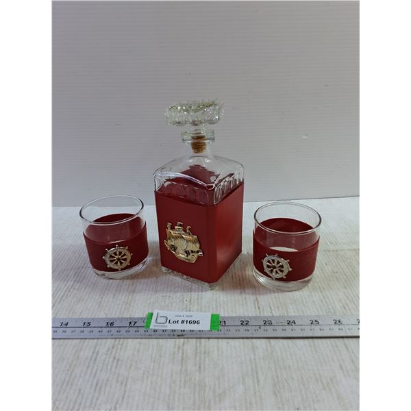 Retro Whiskey Decanter 9" And Glass Set 3.5" With Nautical Maritime Theme
